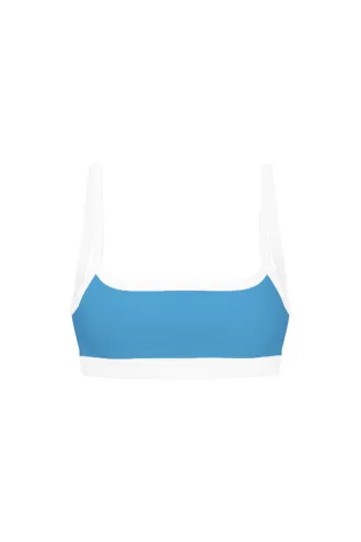 An image of a blue sports bra with white trims.