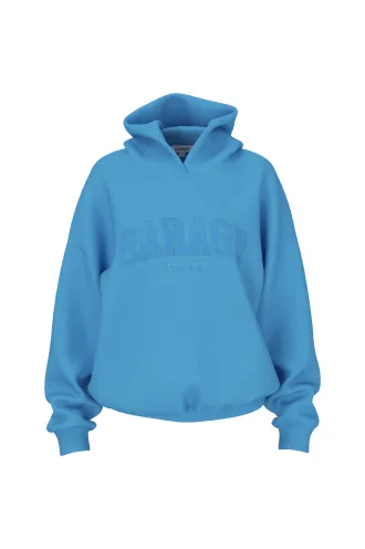 An image of a blue Garage hoodie.