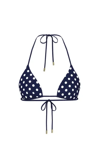 An image of a blue and white polka dot bikini top.